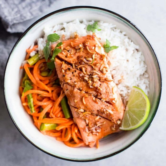Lemongrass and Salmon Recipe Plate of roasted salmon with side of rice and vegetables