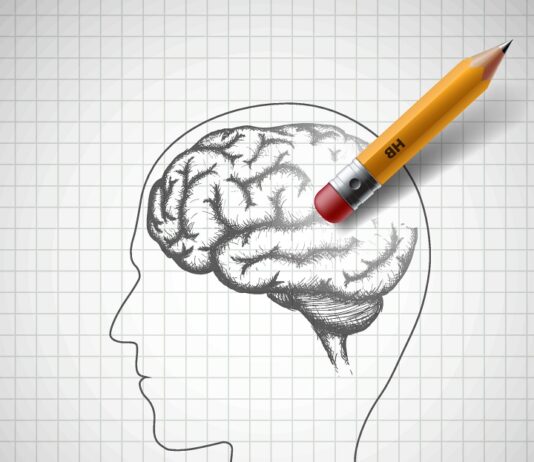 Forgetfulness Illustration of human brain being rubbed out by an eraser